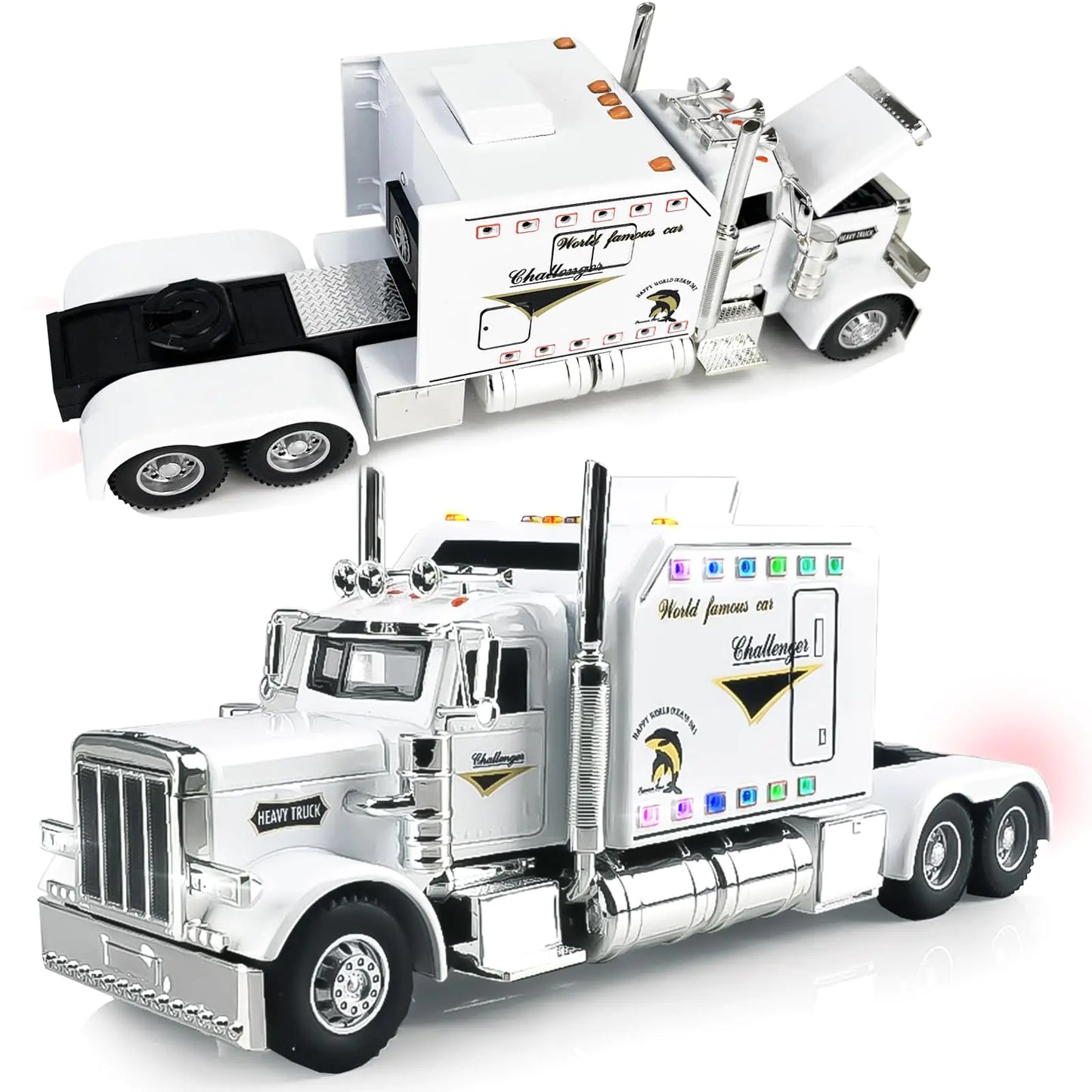 CORPER TOYS Diecast Semi Truck Toys with Sounds and Lights Pull Back Play Truck Toy for Kids Boys Gift for Birthday Christmas (White)