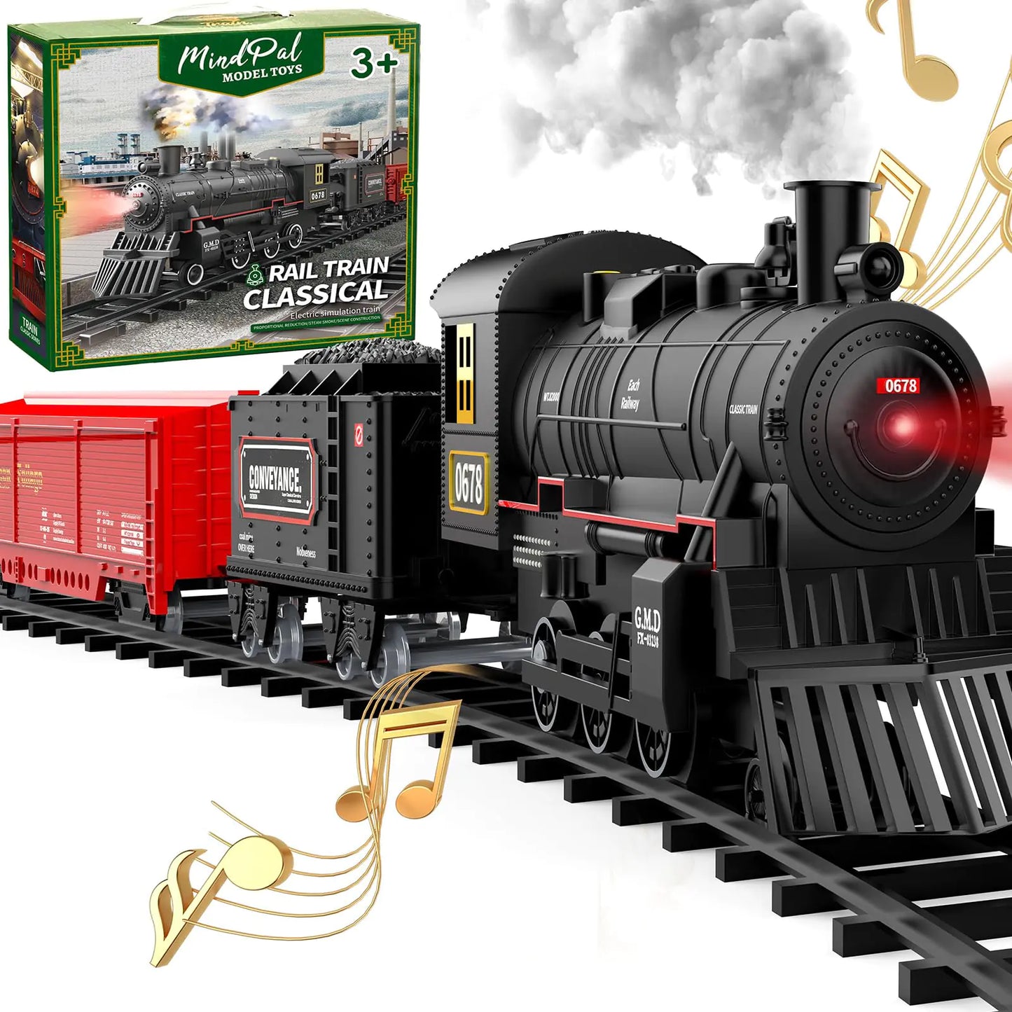 MindPal Train Set Electric Train Set Toys with Smoke Lights & Sound Train Set for Under Christmas Tree with Steam Locomotives Cars and Tracks Christmas Train Toys for 3 4 5 6 7+ Years Old Kids